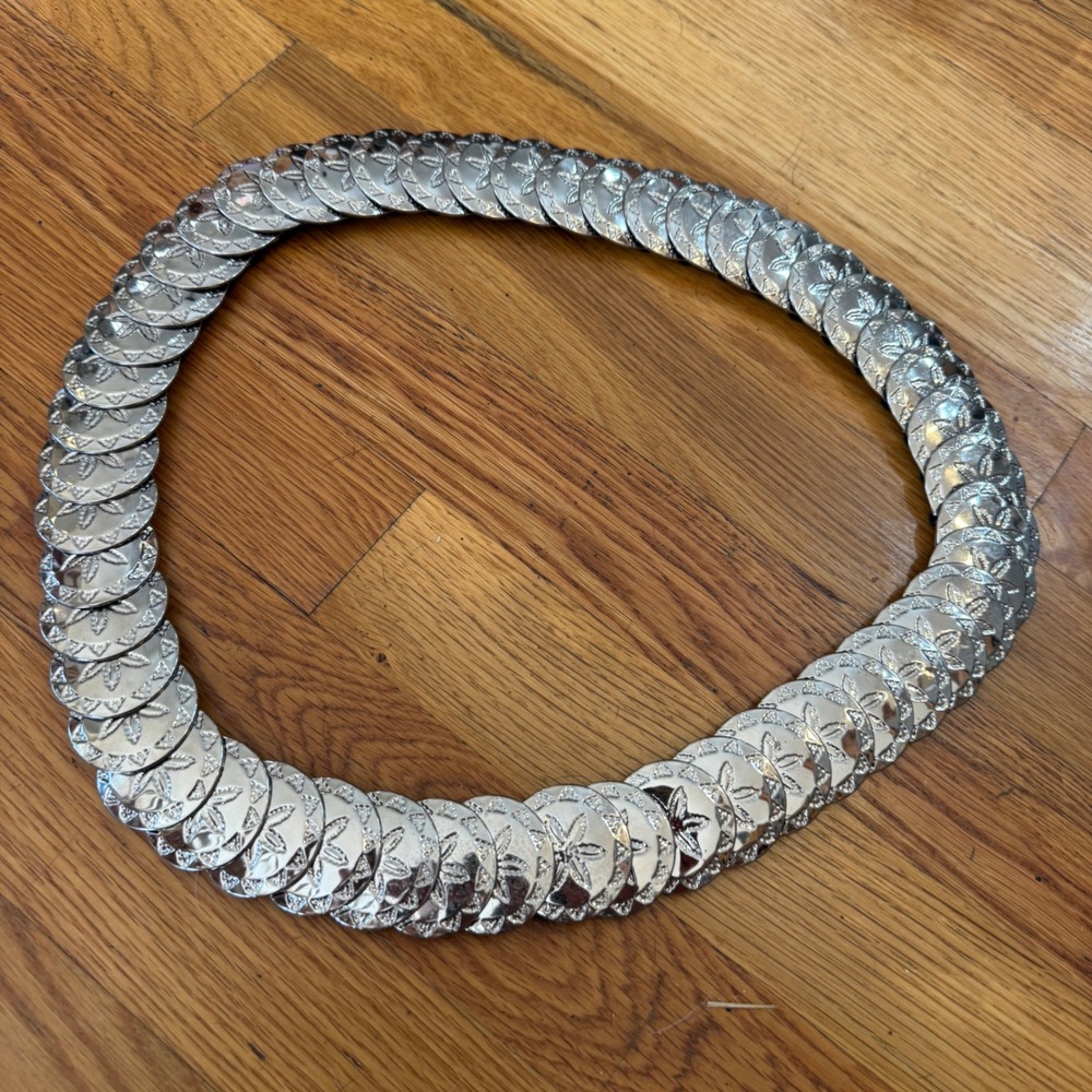 Vintage Silver Coin Medallion Stretch Belt Floral Embossed Boho Y2K Waist Cinch